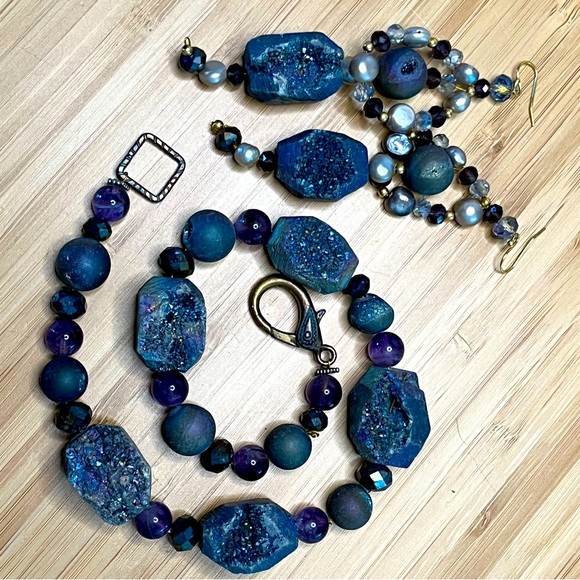 Aura Rainbow Druzy Beaded Necklace & Earring Set, Vintage - Picture 3 of 11